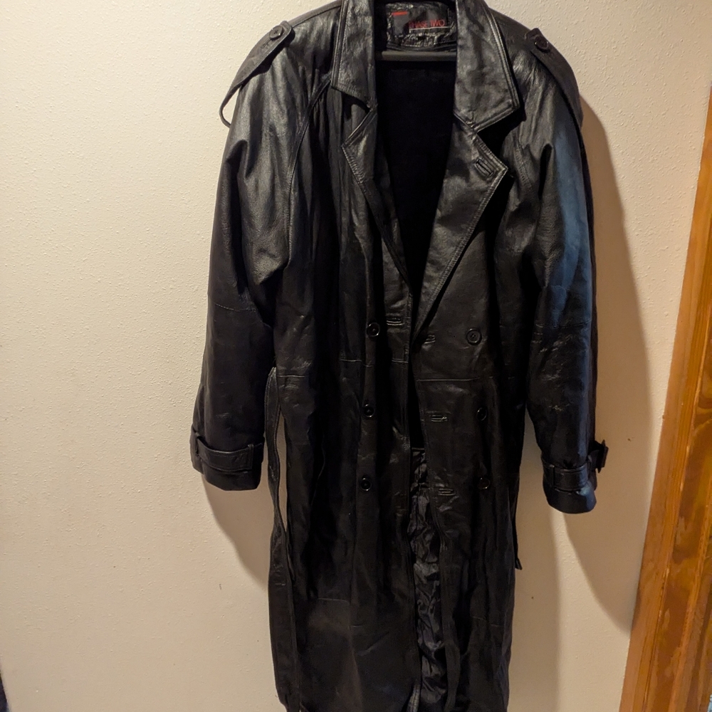 Wilson's Leather Long Trenchcoat, Removable Fleece Liner, Size Large Tall, Black